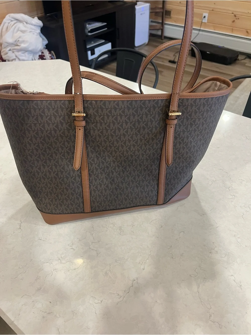 Michael Kors Brown MK Logo Tote with Gold Charm